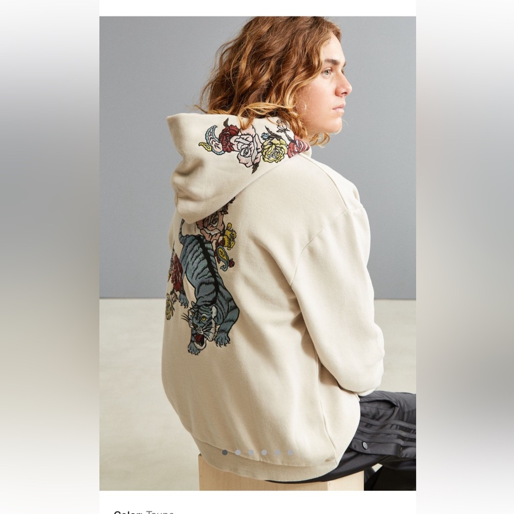 Urban Outfitters Cream Hoodie with Floral and Tiger Design